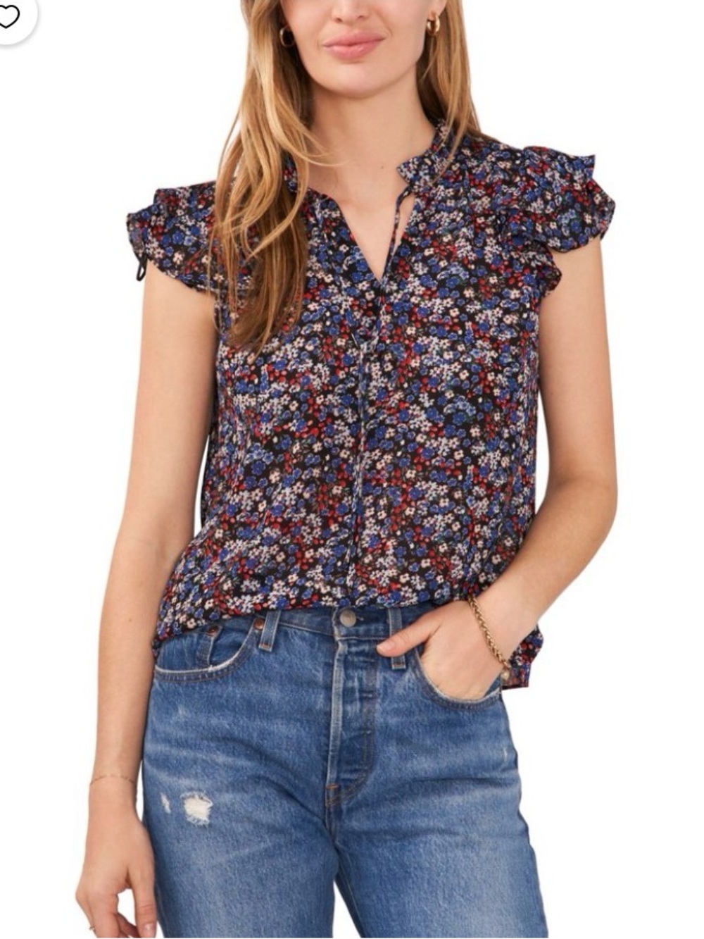 Floral Ruffle Sleeve Women’s Top - Blue & Red